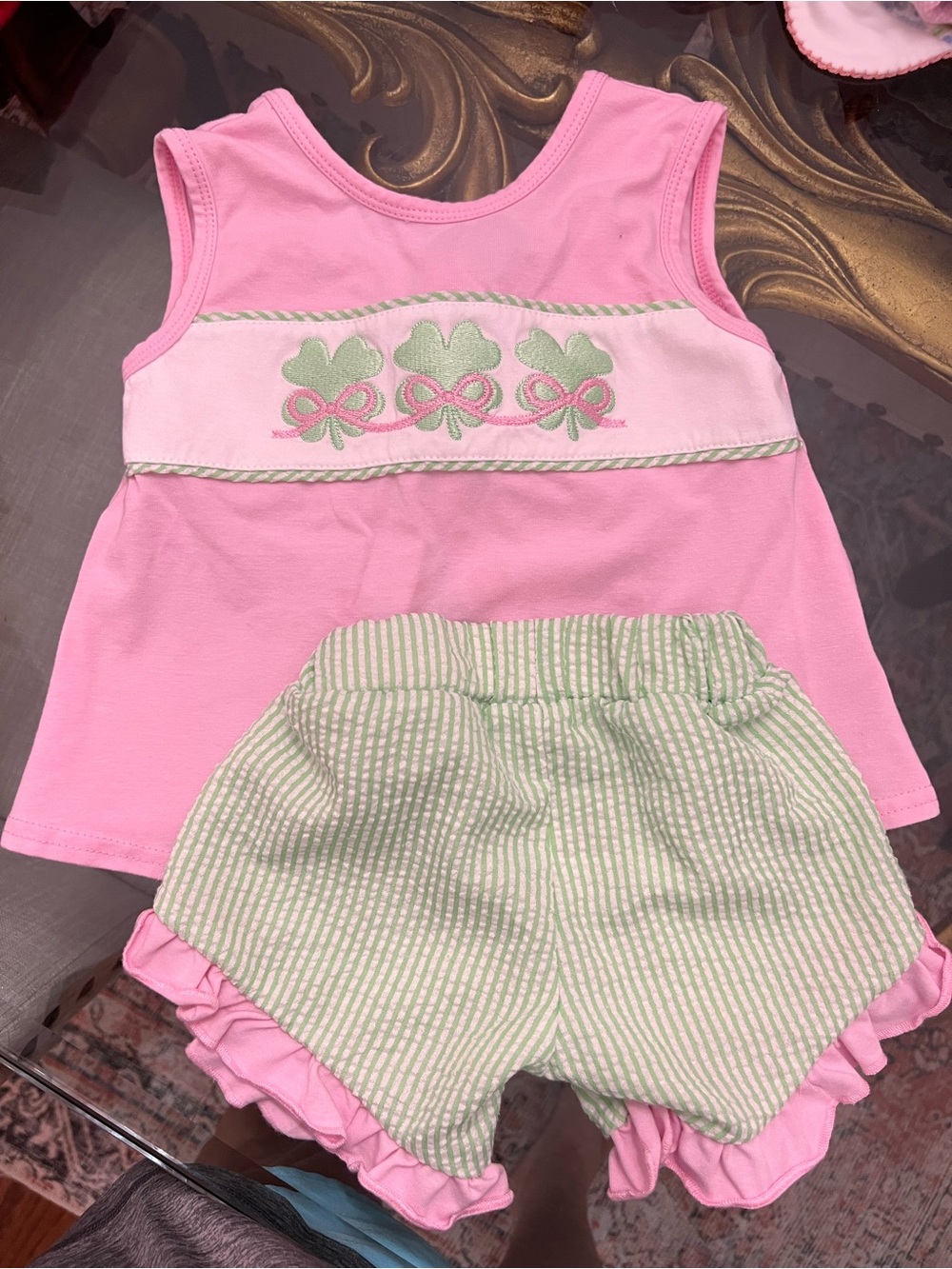 St.Patrick’s Day Pink Tank Top & Green-Striped Ruffle Shorts Set